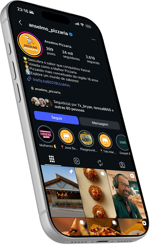 iPhone mostrando o Instagram da Anselmo Pizzaria